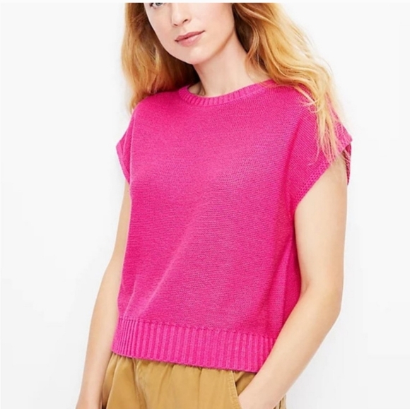 Loft Outlet 100% Cotton Crewneck Cap Sleeve Knit Top in Hot Pink Size Large - Picture 2 of 4